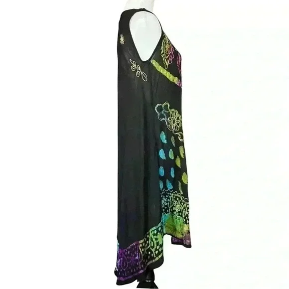Boho Black Colorful Embroidered Semi Sheer Dress. Made in India. One Size. - Picture 7 of 12